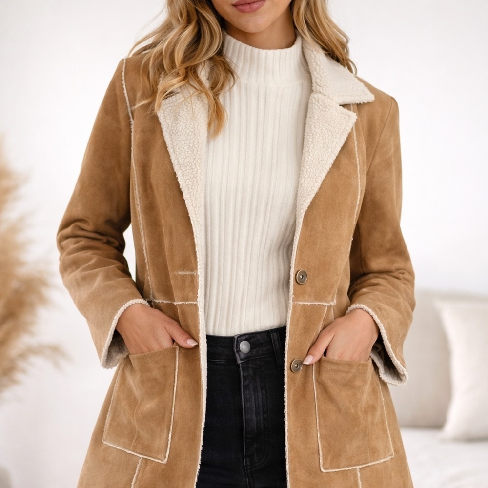 CAbi Style 932 Faux Suede Shearling Jacket Camel Tan XS